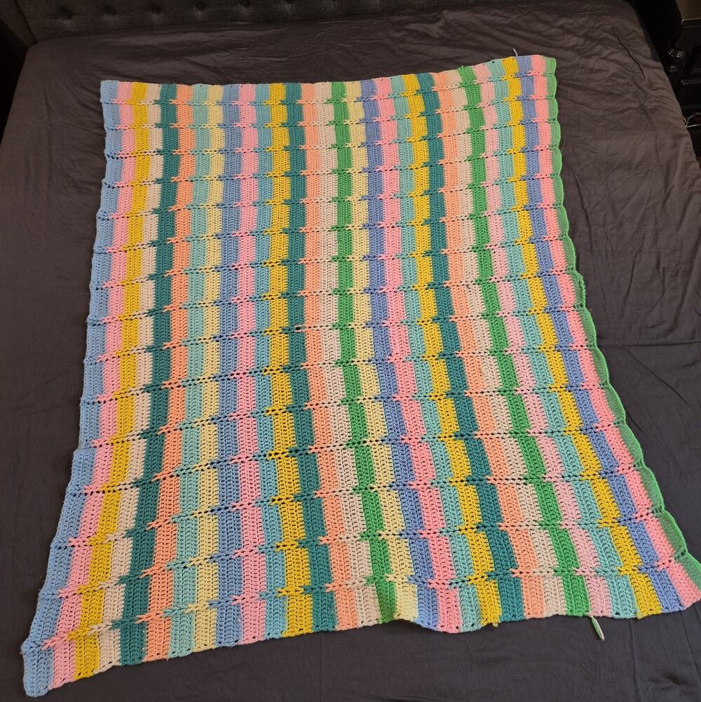 Vintage Crochet Knit Baby Blanket Crib Handmade Pastel Multicolored 53 x 66
